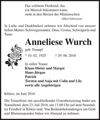 Traueranzeige von Anneliese Wurch (geb. Trumpf)  von Magdeburger Volksstimme