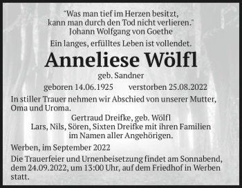 Traueranzeige von Anneliese Wölfl (geb. Sandner)  von Magdeburger Volksstimme