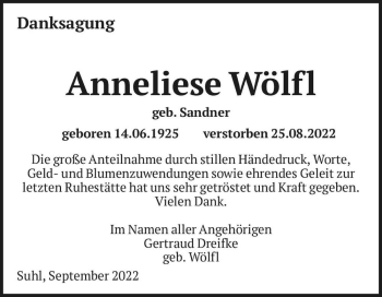 Traueranzeige von Anneliese Wölfl (geb. Sandner)  von Magdeburger Volksstimme
