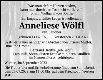 Traueranzeige von Anneliese Wölfl (geb. Sandner)  von Magdeburger Volksstimme