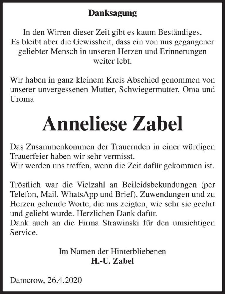  Traueranzeige für Anneliese Zabel  vom 29.04.2020 aus Magdeburger Volksstimme