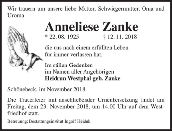 Traueranzeige von Anneliese Zanke  von Magdeburger Volksstimme