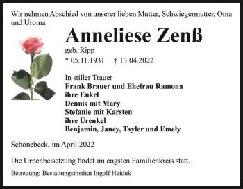 Traueranzeige von Anneliese Zenß (geb. Ripp)  von Magdeburger Volksstimme