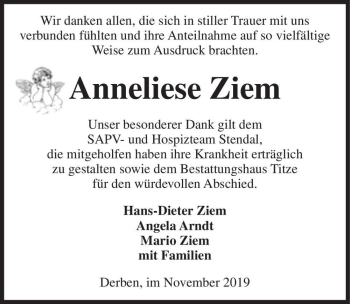 Traueranzeige von Anneliese Ziem  von Magdeburger Volksstimme