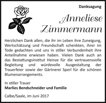 Traueranzeige von Anneliese Zimmermann  von Magdeburger Volksstimme