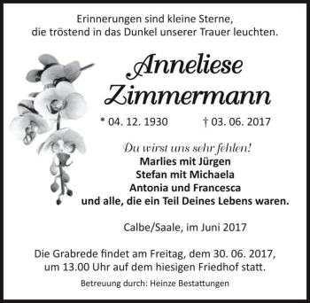 Traueranzeige von Anneliese Zimmermann  von Magdeburger Volksstimme