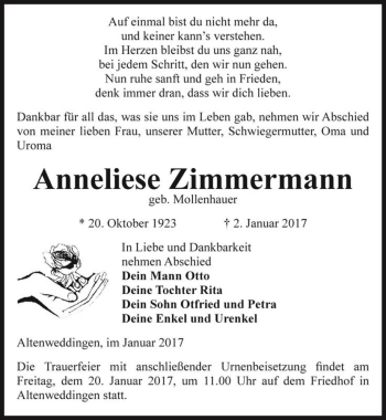 Traueranzeige von Anneliese Zimmermann (geb. Mollenhauer)  von Magdeburger Volksstimme