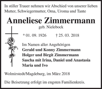 Traueranzeige von Anneliese Zimmermann (geb. Nielebock)  von Magdeburger Volksstimme
