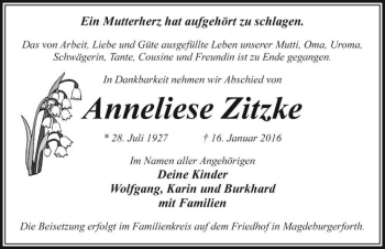 Traueranzeige von Anneliese Zitzke  von Magdeburger Volksstimme