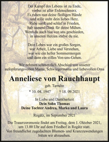 Traueranzeige von Anneliese von Rauchhaupt (geb. Tarruhn)  von Magdeburger Volksstimme