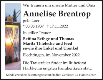 Traueranzeige von Annelise Brentrop (geb. Loer)  von Magdeburger Volksstimme