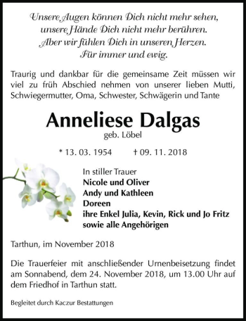 Traueranzeige von Annelise Dalgas (geb. Löbel)  von Magdeburger Volksstimme