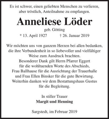 Traueranzeige von Annelise Löder (geb. Götting)  von Magdeburger Volksstimme