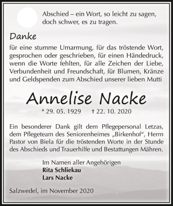 Traueranzeige von Annelise Nacke  von Magdeburger Volksstimme