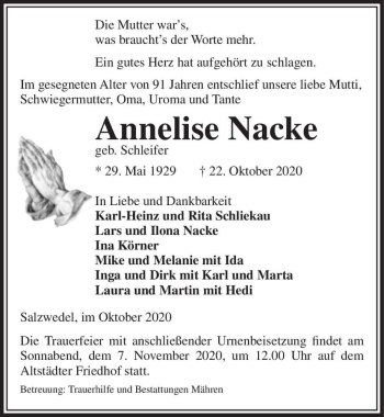 Traueranzeige von Annelise Nacke (geb. Schleifer)  von Magdeburger Volksstimme