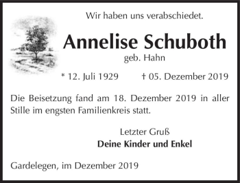Traueranzeige von Annelise Schuboth (geb. Hahn)  von Magdeburger Volksstimme