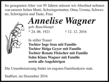 Traueranzeige von Annelise Wagner (geb. Rauchhaupt)  von Magdeburger Volksstimme