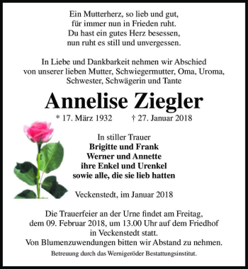 Traueranzeige von Annelise Ziegler  von Magdeburger Volksstimme