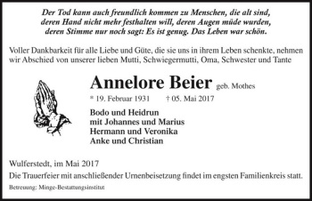 Traueranzeige von Annelore Beier (geb. Mothes)  von Magdeburger Volksstimme