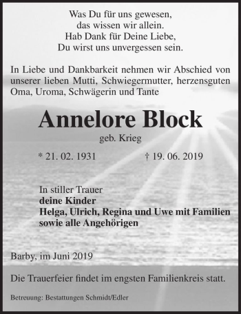 Traueranzeige von Annelore Block (geb. Krieg)  von Magdeburger Volksstimme