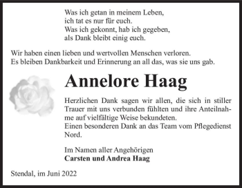 Traueranzeige von Annelore Haag  von Magdeburger Volksstimme