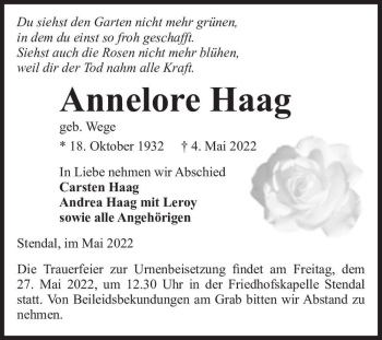 Traueranzeige von Annelore Haag (geb. Wege)  von Magdeburger Volksstimme