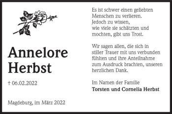 Traueranzeige von Annelore Herbst  von Magdeburger Volksstimme