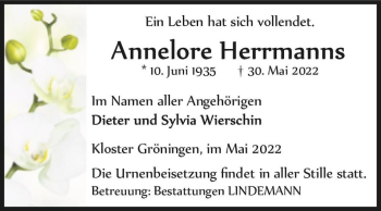 Traueranzeige von Annelore Herrmanns  von Magdeburger Volksstimme