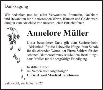 Traueranzeige von Annelore Müller  von Magdeburger Volksstimme