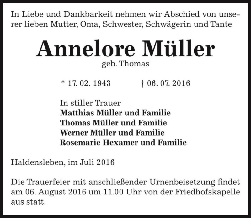  Traueranzeige für Annelore Müller (geb. Thomas)  vom 26.07.2016 aus Magdeburger Volksstimme