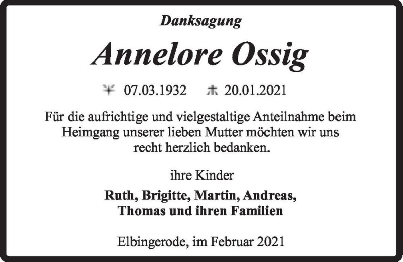  Traueranzeige für Annelore Ossig  vom 06.02.2021 aus Magdeburger Volksstimme