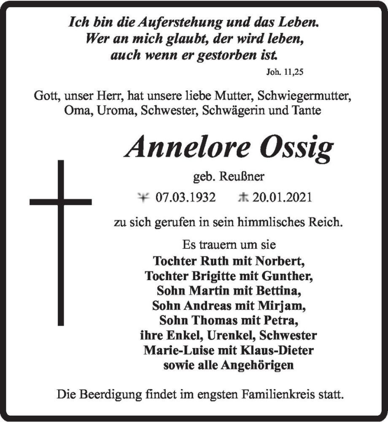  Traueranzeige für Annelore Ossig (geb. Reußner)  vom 26.01.2021 aus Magdeburger Volksstimme