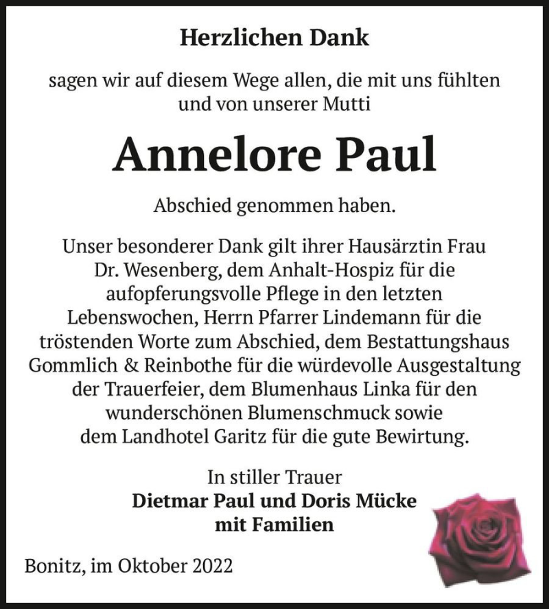  Traueranzeige für Annelore Paul  vom 29.10.2022 aus Magdeburger Volksstimme