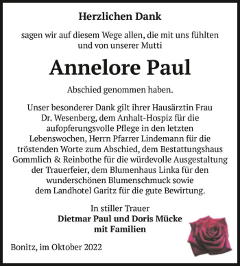 Traueranzeige von Annelore Paul  von Magdeburger Volksstimme