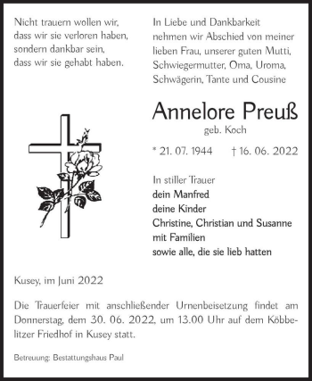 Traueranzeige von Annelore Preuß (geb. Koch)  von Magdeburger Volksstimme