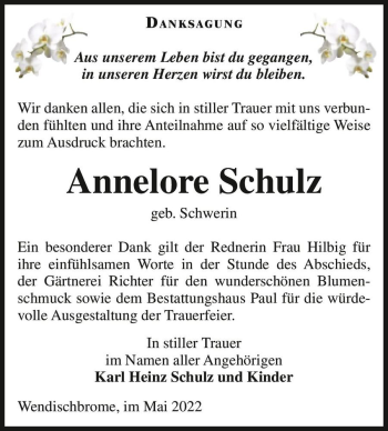 Traueranzeige von Annelore Schulz (geb. Schwerin)  von Magdeburger Volksstimme