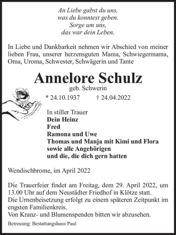 Traueranzeige von Annelore Schulz (geb. Schwerin)  von Magdeburger Volksstimme