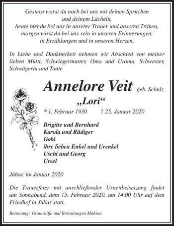 Traueranzeige von Annelore Veit ,,Lori