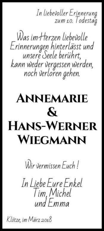 Traueranzeige von Annemarie & Hans-Werner Wiegmann  von Magdeburger Volksstimme