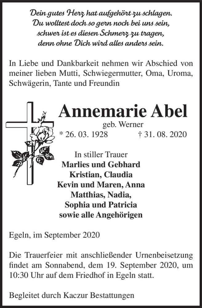 Traueranzeige für Annemarie Abel (geb. Werner)  vom 07.09.2020 aus Magdeburger Volksstimme