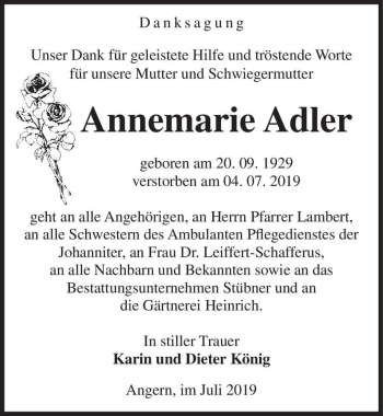 Traueranzeige von Annemarie Adler  von Magdeburger Volksstimme