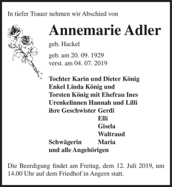 Traueranzeige von Annemarie Adler (geb. Hackel)  von Magdeburger Volksstimme