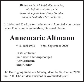 Traueranzeige von Annemarie Altmann  von Magdeburger Volksstimme