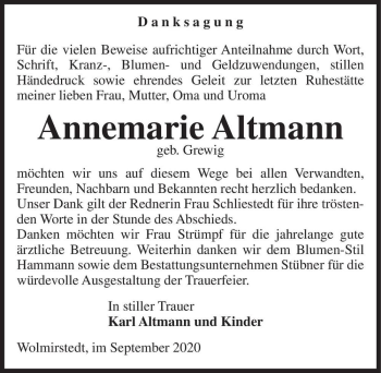 Traueranzeige von Annemarie Altmann (geb. Grewig)  von Magdeburger Volksstimme