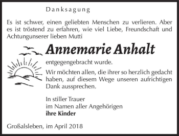 Traueranzeige von Annemarie Anhalt  von Magdeburger Volksstimme
