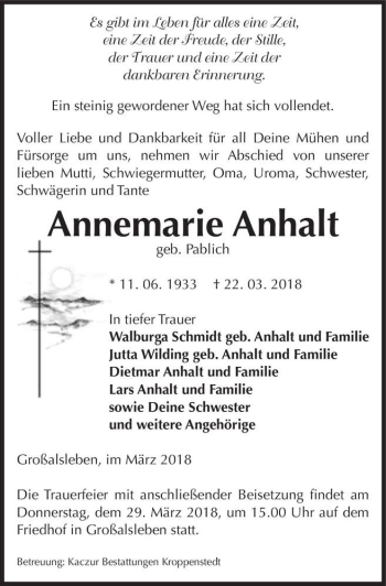 Traueranzeige von Annemarie Anhalt (geb. Pablich)  von Magdeburger Volksstimme