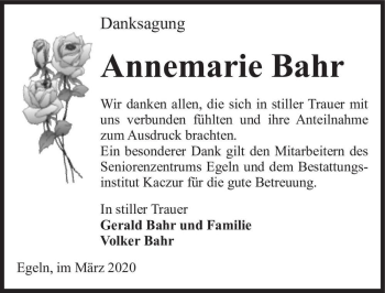 Traueranzeige von Annemarie Bahr  von Magdeburger Volksstimme