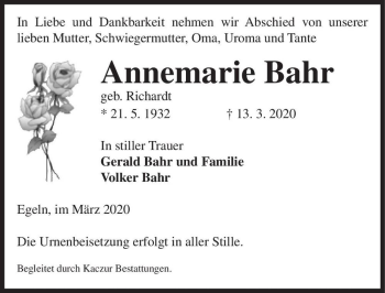 Traueranzeige von Annemarie Bahr (geb. Richardt)  von Magdeburger Volksstimme