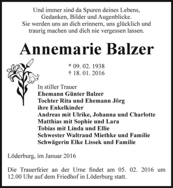 Traueranzeige von Annemarie Balzer  von Magdeburger Volksstimme