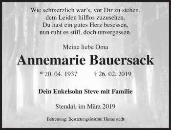 Traueranzeige von Annemarie Bauersack  von Magdeburger Volksstimme